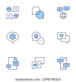 Messaging icons set. Line Duotone style, editable stroke. settings, chat box, branding, chat, love, speech bubbles, megaphone.