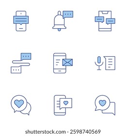 Messaging icons set. Line Duotone style, editable stroke. smartphone, emails, speech, chat, communication, dating app, notification.
