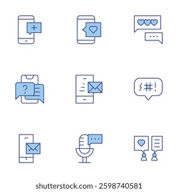 Messaging icons set. Line Duotone style, editable stroke. emergency, support, like, microphone, send, email, insult, discussion, texting.