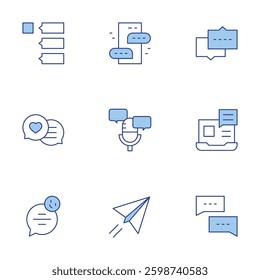 Messaging icons set. Line Duotone style, editable stroke. communication, comments, conversation, video call, chat, paper plane, dialogue.
