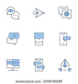 Messaging icons set. Line Duotone style, editable stroke. chat box, speech bubble, chat, comment, paper plane, soccer.