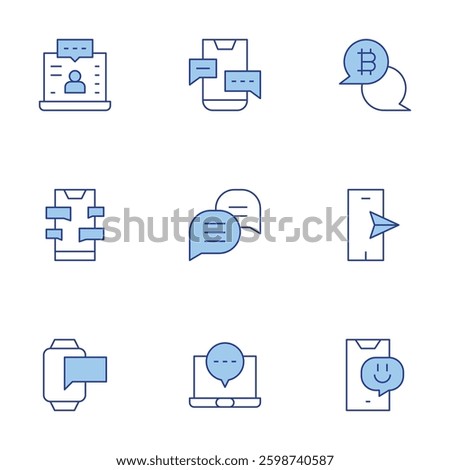 Messaging icons set. Line Duotone style, editable stroke. chating, chat, smartphone, bitcoin, smartwatch, live streaming, laptop.