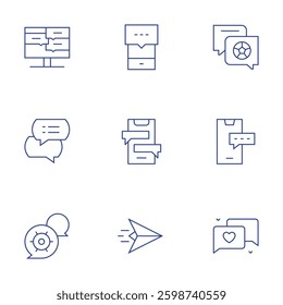 Messaging icons set. Thin Line style, editable stroke. chat box, speech bubble, chat, comment, paper plane, soccer.