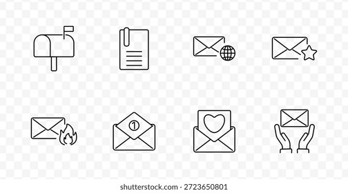 Icono de conjunto de administración de mensajería y bandeja de entrada. El buzón, el sobre, el papel, la estrella, el corazón, el globo terráqueo, la llama y las manos simbolizan la comunicación por correo electrónico, la prioridad y la participación del usuario