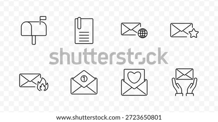 Messaging and inbox management set icon. Mailbox, envelope, paper, star, heart, globe, flame, and hands symbolize email communication, priority, and user engagement