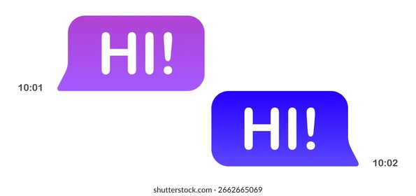 Messaging interface icon. Two gradient speech bubbles with HI text, one emoji with heart face, one thumbs-up, timestamps on each side, white background.