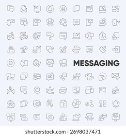 Messaging Line Icon Set. Including chatting dialogue, communication, conversation, discussion, speech bubble, talking, and conversation icons. Solid editable vector icons collection.