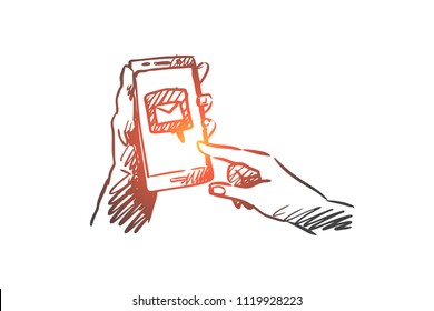 Messaging, mail, smartphone, connect, internet concept. Hand drawn smartphone in human hands with symbol of mail sent concept sketch. Isolated vector illustration.