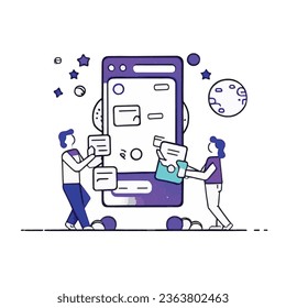 Hombre y mujer de la mensajería, ilustración de color azul del sitio web, ilustración de medios sociales.
