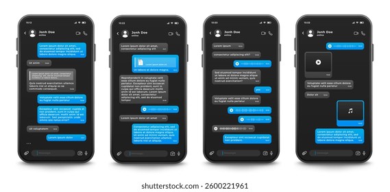 Messaging mobile app interface template, vector illustration. Smartphone with dark theme of chat application on screen. Social network.