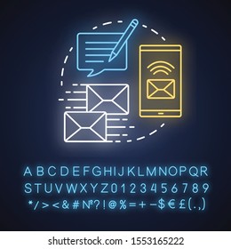 Messaging neon light concept icon. Mailing idea. Online communication with instant text messages. Internet chatting. Glowing sign with alphabet, numbers and symbols. Vector isolated illustration