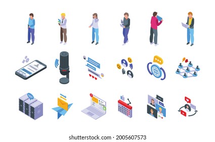 Messaging network icons set. Isometric set of messaging network vector icons for web design isolated on white background