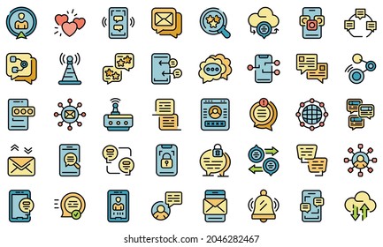 Messaging network icons set. Outline set of messaging network vector icons thin line color flat isolated on white