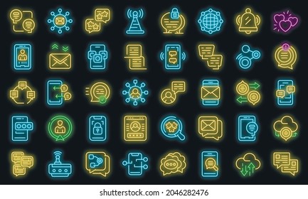 Messaging network icons set. Outline set of messaging network vector icons neon color on black