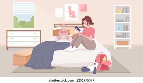 Messaging on smartphone in bedroom flat color vector illustration. Adolescent girl talking with friends online. Fully editable 2D simple cartoon character with bedroom interior on background