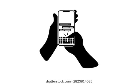 Messaging on smartphone, black isolated vector silhouette