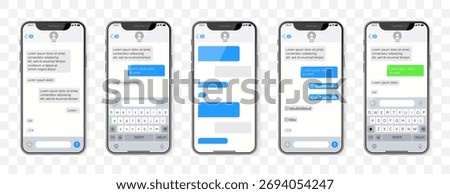 Messaging screen mockups on smartphones. Chat windows with messages and keyboard. Useful for apps presentation and ui preview