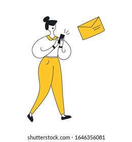 Messaging, sending an envelope from the mobile phone. Cute cartoon business woman writing a message that flying over her head. Flat modern yellow vector illustration on white.