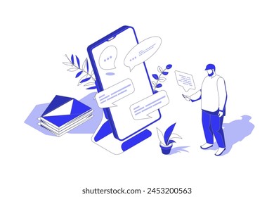 Messaging service 3d isometric concept in isometry graphic design for web. People scene with man using app for sending and receiving emails and messages, corresponds online. Vector illustration.
