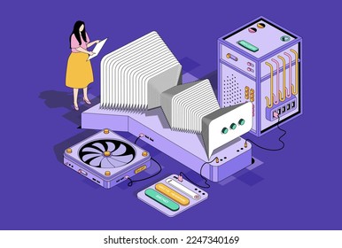 Messaging service concept in 3d isometric design. Woman sending letters using application, chatting with friends and sending emails. Vector isometry illustration with people scene for web graphic