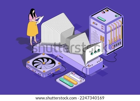 Messaging service concept in 3d isometric design. Woman sending letters using application, chatting with friends and sending emails. Vector isometry illustration with people scene for web graphic