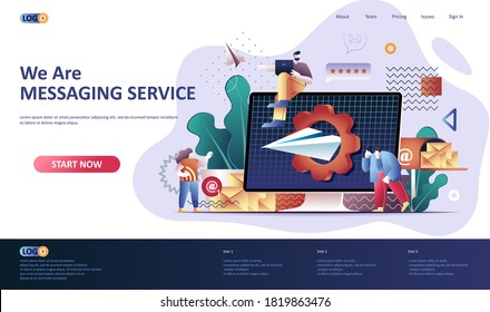Messaging service flat landing page template. Internet messenger application web banner. Online people communication software, texting and chatting 3d composition. Web page vector illustration.