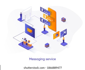 Messaging service isometric web banner. Internet messenger mobile application isometry concept. Online people communication 3d scene, chatting app design. Vector illustration with people characters.