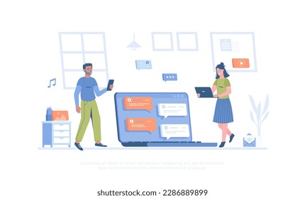 Messaging service, online communication. Social network texting with chat on laptop screen. Cartoon modern flat vector illustration for banner, website design, landing page.	
