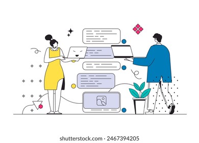 Messaging service outline web concept in modern flat line design. Woman and communication online, sending messages and bubble text from laptop programs, chatting in dating apps. Vector illustration