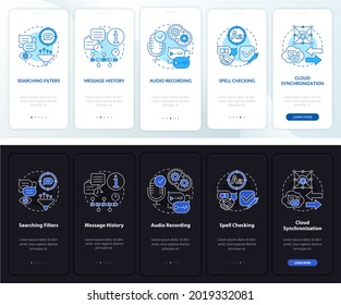 Messaging service pros onboarding mobile app page screen. Chat history walkthrough 5 steps graphic instructions with concepts. UI, UX, GUI vector template with linear night and day mode illustrations