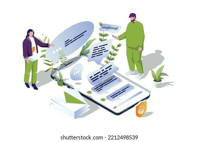 Messaging service web concept in 3d isometric design. People writes messages and sends using mobile application, chatting with friends, sending emails, online communication. Vector web illustration.