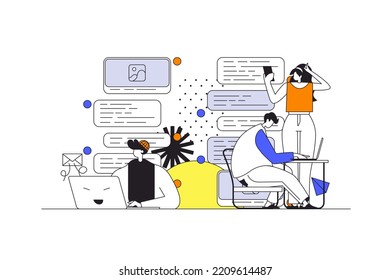 Messaging service web concept in flat outline design with characters. Man and woman writes messages and sends using laptop program, communicates online with friends, people scene. Vector illustration.