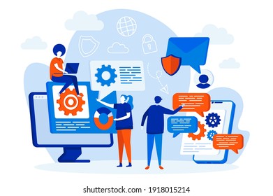 Messaging Service Web Design Konzept mit Menschen Zeichen. Leute chatten online. Mobile Kommunikationskomposition im Flachstil. Vektorgrafik für Werbematerialien für soziale Medien.