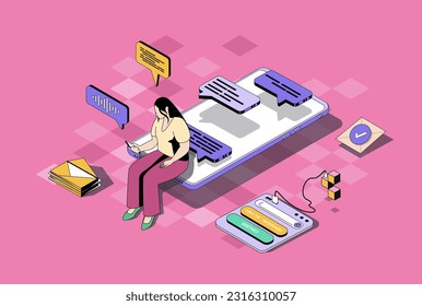 Messaging services concept in 3d isometric design. Woman using mobile app for sending emails, chatting with friends, answering messages. Vector illustration with isometry people scene for web graphic