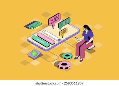 Messaging services web concept in 3d isometric graphic design. Isometry people scene with woman using mobile app for sending emails, chatting with friends, commenting online. Vector illustration.