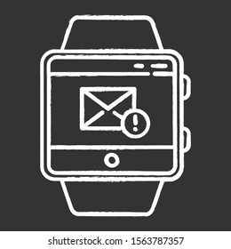 Messaging smartwatch function chalk icon. Sending and receiving mail. New message notification. Fitness wristband capability. Communication and connection. Isolated vector chalkboard illustration