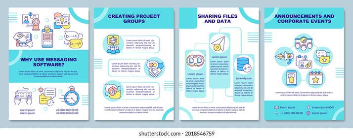 Messaging software brochure template. Sharing files and data. Flyer, booklet, leaflet print, cover design with linear icons. Vector layouts for presentation, annual reports, advertisement pages