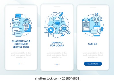Messaging software trend blue onboarding mobile app page screen. Service tool walkthrough 3 steps graphic instructions with concepts. UI, UX, GUI vector template with linear color illustrations