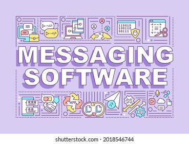 Messaging software word concepts banner. Online communication service. Infographics with linear icons on purple background. Isolated creative typography. Vector outline color illustration with text