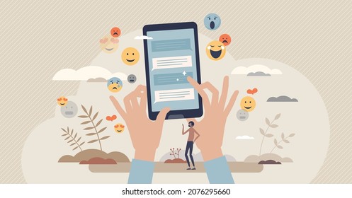 Messaging and text message sending or receiving as sms tiny person concept. Online talking using smartphone application to make conversation or communication vector illustration. Typing emotion symbol