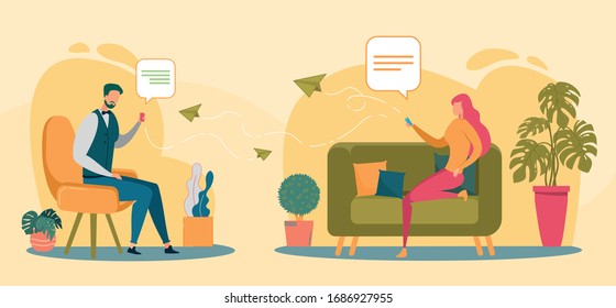 Messaging via Smartphone Flat Vector Illustration. Man and Woman Communicating Using Gadgets Cartoon Characters. Girlfriend with Mobile Phone Sending Letter to Partner. Online Dating Concept