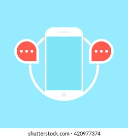 messaging with white phone. concept of using gadget, sms, ui, e-commerce, send mail, contact, display, online shopping. flat style trend modern logotype design vector illustration on blue background