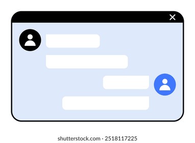 Messaging window with text bubbles and user icons. Ideal for communication, chat, messaging apps, online interaction, user interface. Simple vector art, minimal.
