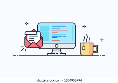 Messanger, chat, correo electrónico, red social, ilustración de iconos de comunicación digital en línea plana. Concepto de diseño de la ilustración vectorial aislada en el fondo de la luz para el sitio web y el móvil