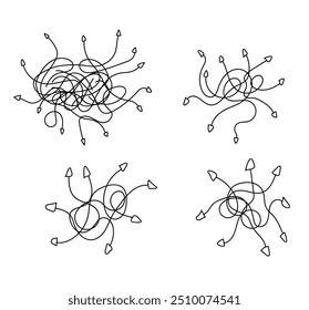 Conconceito de problemas psicológicos de setas confusas e emaranhadas. Recursos gráficos conceito vetorial art