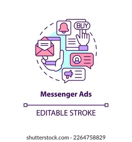 Messenger ads concept icon. Communication in chat. Type of social media promo abstract idea thin line illustration. Isolated outline drawing. Editable stroke. Arial, Myriad Pro-Bold fonts used