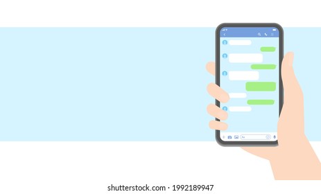 Messenger app chats screenshot vector illustration with copy space. Talking on the Mobile phone with empty Chatting Bubbles on blue background mockup. Human hand holding a Smartphone. 16:9 ratio.