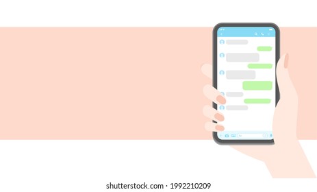 Messenger app chats screenshot vector illustration with copy space. Talking on the Mobile phone with empty Chatting Bubbles mockup. Human hand holding a Smartphone on pink background. 16:9 ratio.