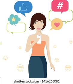 messenger app concept flat vector illustration of young woman using mobile smartphone for texting in social networks messenger or dating app. Smiling girl standing with speech bubbles around