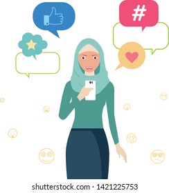 messenger app concept flat vector illustration of young muslim woman with hijab using mobile smartphone for texting in social networks messenger or dating app. Smiling girl standing with speech bubble